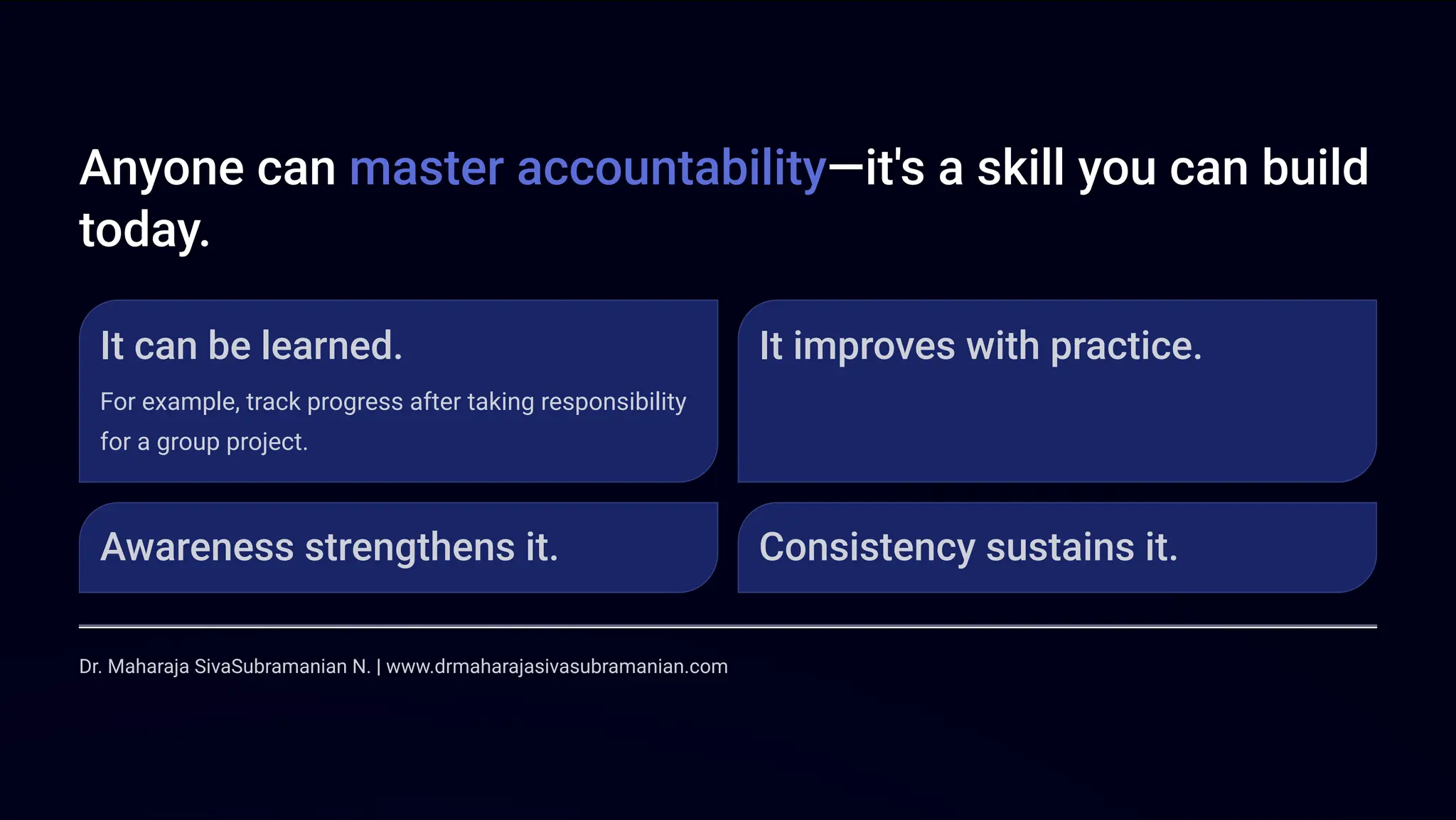 Anyone can master accountability4it's a skill you can build
today.
It can be learned.
For example, track progress after taking responsibility
for a group project.
It improves with practice.
Awareness strengthens it. Consistency sustains it.
Dr. Maharaja SivaSubramanian N. | www.drmaharajasivasubramanian.com
 