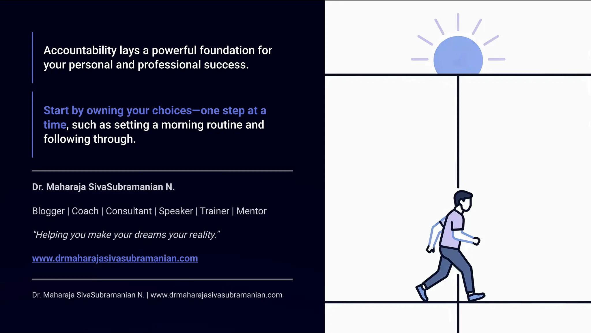 Accountability lays a powerful foundation for
your personal and professional success.
Start by owning your choices4one step at a
time, such as setting a morning routine and
following through.
Dr. Maharaja SivaSubramanian N.
Blogger | Coach | Consultant | Speaker | Trainer | Mentor
"Helping you make your dreams your reality."
www.drmaharajasivasubramanian.com
Dr. Maharaja SivaSubramanian N. | www.drmaharajasivasubramanian.com
 