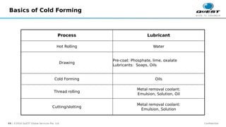 49 | ©2016 QuEST Global Services Pte. Ltd. Confidential
Basics of Cold Forming
Process Lubricant
Hot Rolling Water
Drawing
Pre-coat: Phosphate, lime, oxalate
Lubricants: Soaps, Oils
Cold Forming Oils
Thread rolling
Metal removal coolant:
Emulsion, Solution, Oil
Cutting/slotting
Metal removal coolant:
Emulsion, Solution
 