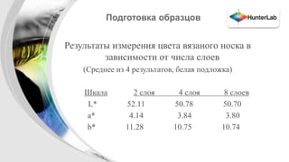 Подготовка образцов 
Результаты измерения цвета вязаного носка в 
зависимости от числа слоев 
(Среднее из 4 результатов, белая подложка) 
Шкала 2 слоя 4 слоя 8 слоев 
L* 52.11 50.78 50.70 
a* 4.14 3.84 3.80 
b* 11.28 10.75 10.74 
 