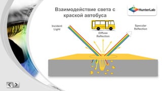 Взаимодействие света с 
краской автобуса 
Incident 
Light 
Specular 
Reflection 
Diffuse 
Reflection 
 