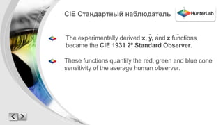 CIE Стандартный наблюдатель 
¯ ¯ ¯ 
The experimentally derived x, y, and z functions 
became the CIE 1931 2º Standard Observer. 
These functions quantify the red, green and blue cone 
sensitivity of the average human observer. 
 