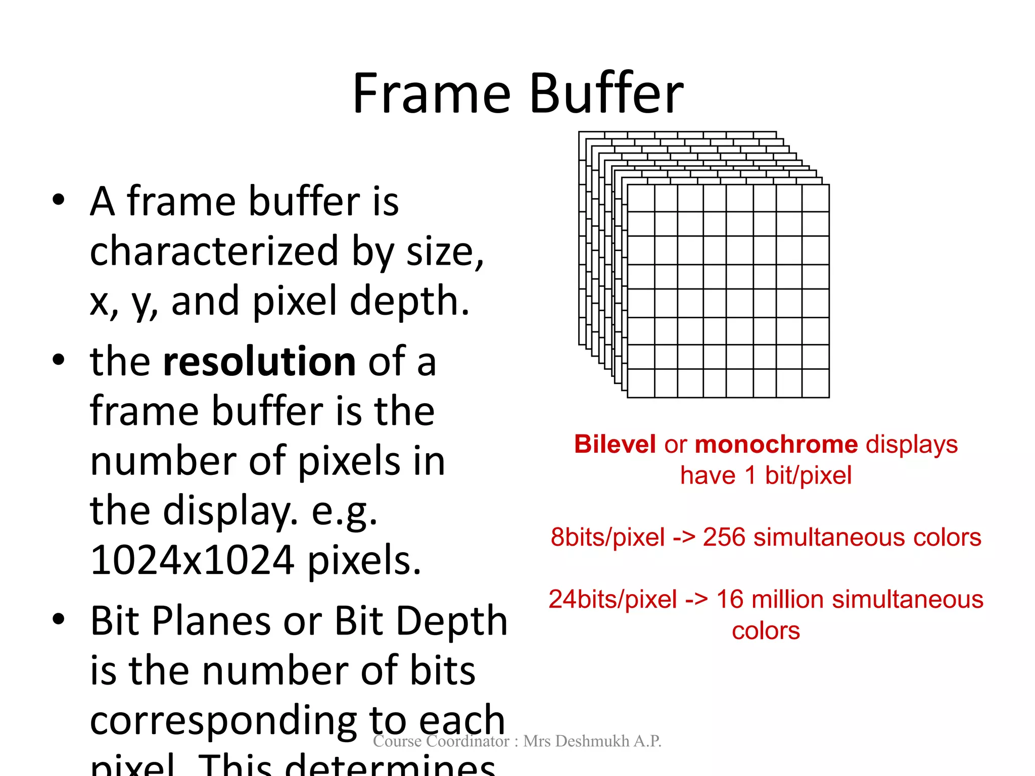 Frame Buffer
• A frame buffer is
characterized by size,
x, y, and pixel depth.
• the resolution of a
frame buffer is the
number of pixels in
the display. e.g.
1024x1024 pixels.
• Bit Planes or Bit Depth
is the number of bits
corresponding to each
Bilevel or monochrome displays
have 1 bit/pixel
8bits/pixel -> 256 simultaneous colors
24bits/pixel -> 16 million simultaneous
colors
Course Coordinator : Mrs Deshmukh A.P.
 