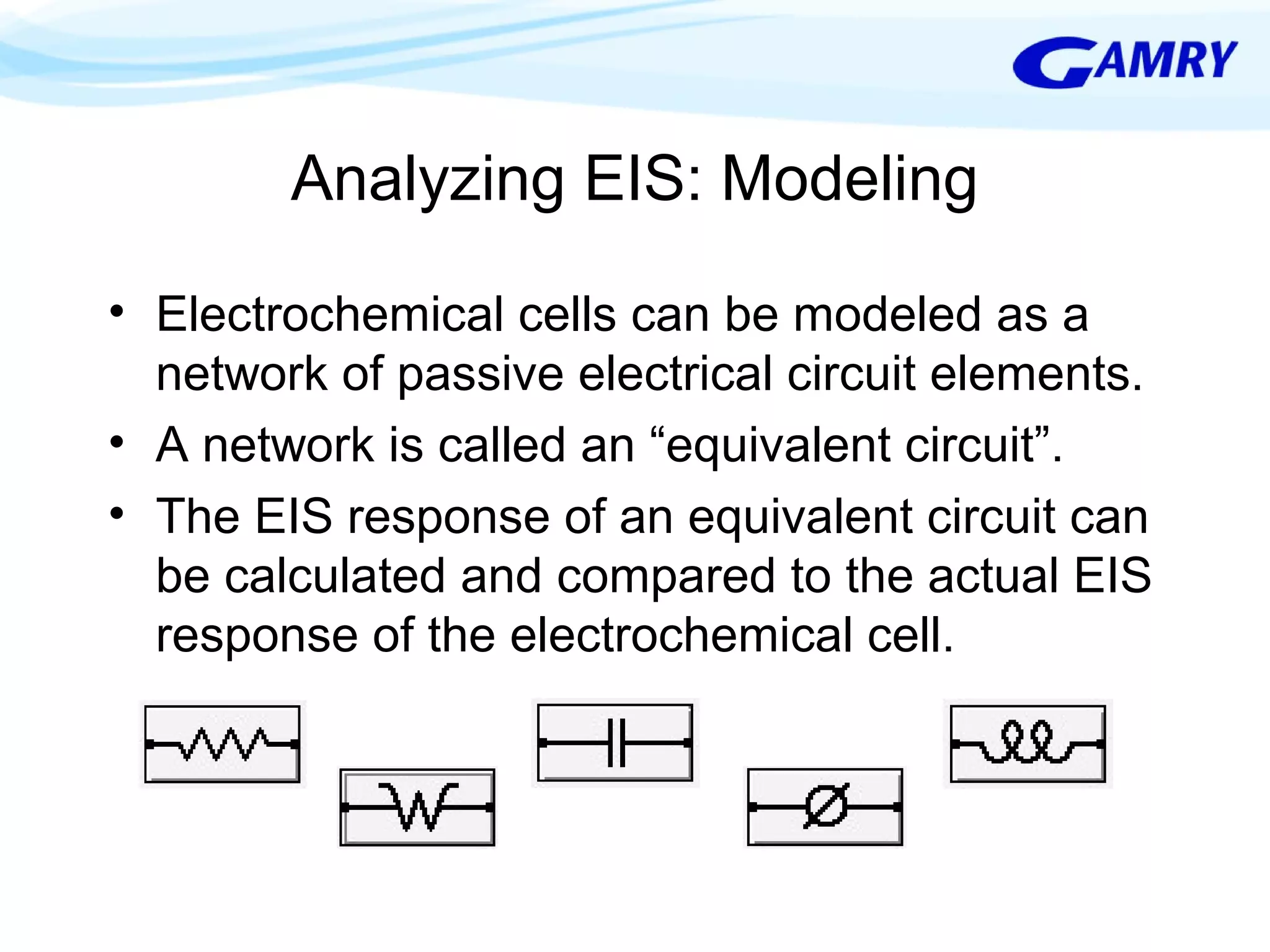 Analyzing EIS: Modeling 
• Electrochemical cells can be modeled as a 
network of passive electrical circuit elements. 
• A network is called an “equivalent circuit”. 
• The EIS response of an equivalent circuit can 
be calculated and compared to the actual EIS 
response of the electrochemical cell. 
 