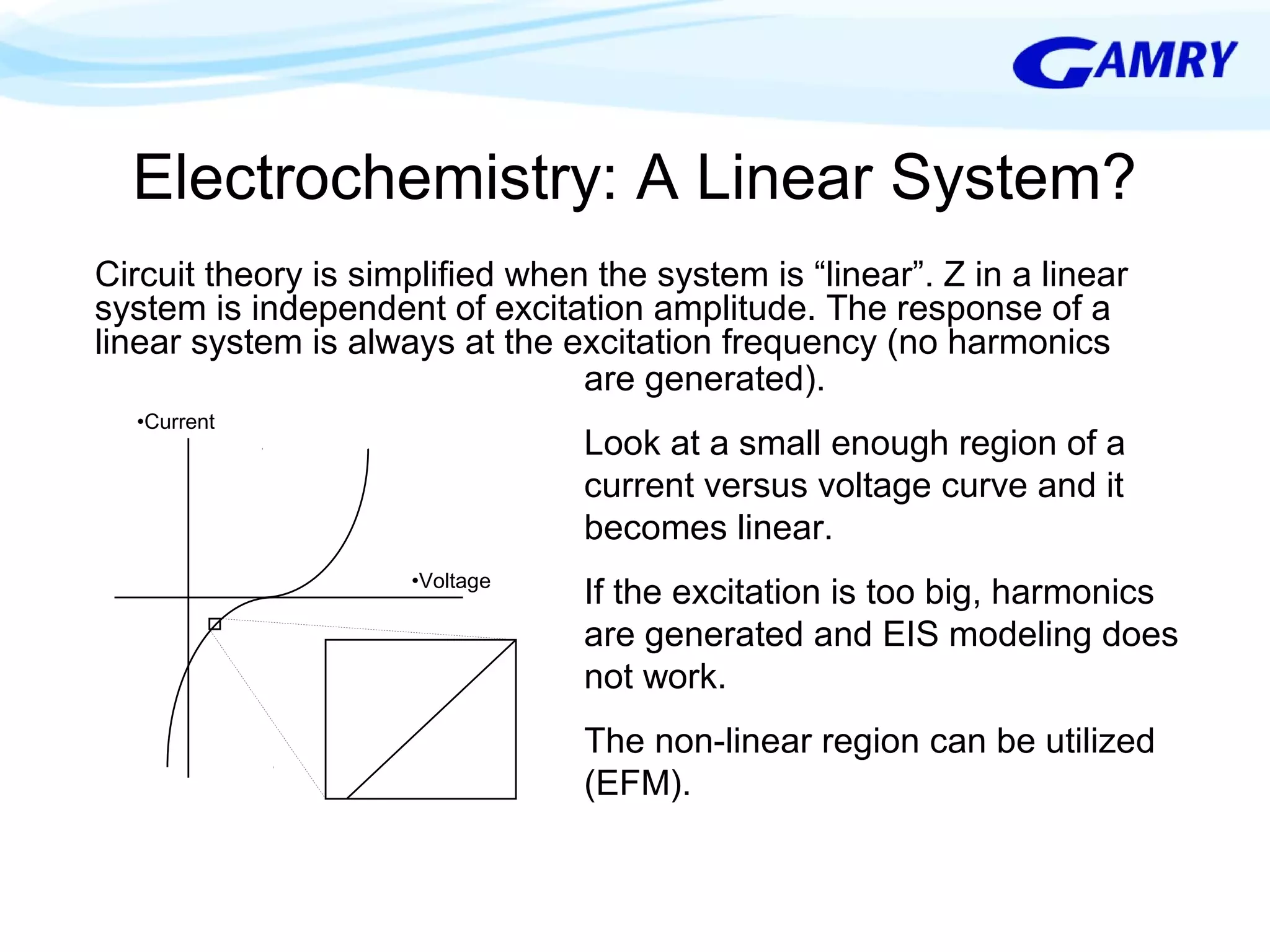 Electrochemistry: A Linear System? 
Circuit theory is simplified when the system is “linear”. Z in a linear 
system is independent of excitation amplitude. The response of a 
linear system is always at the excitation frequency (no harmonics 
are generated). 
Look at a small enough region of a 
current versus voltage curve and it 
becomes linear. 
If the excitation is too big, harmonics 
are generated and EIS modeling does 
not work. 
The non-linear region can be utilized 
(EFM). 
•Current 
•Voltage 
 