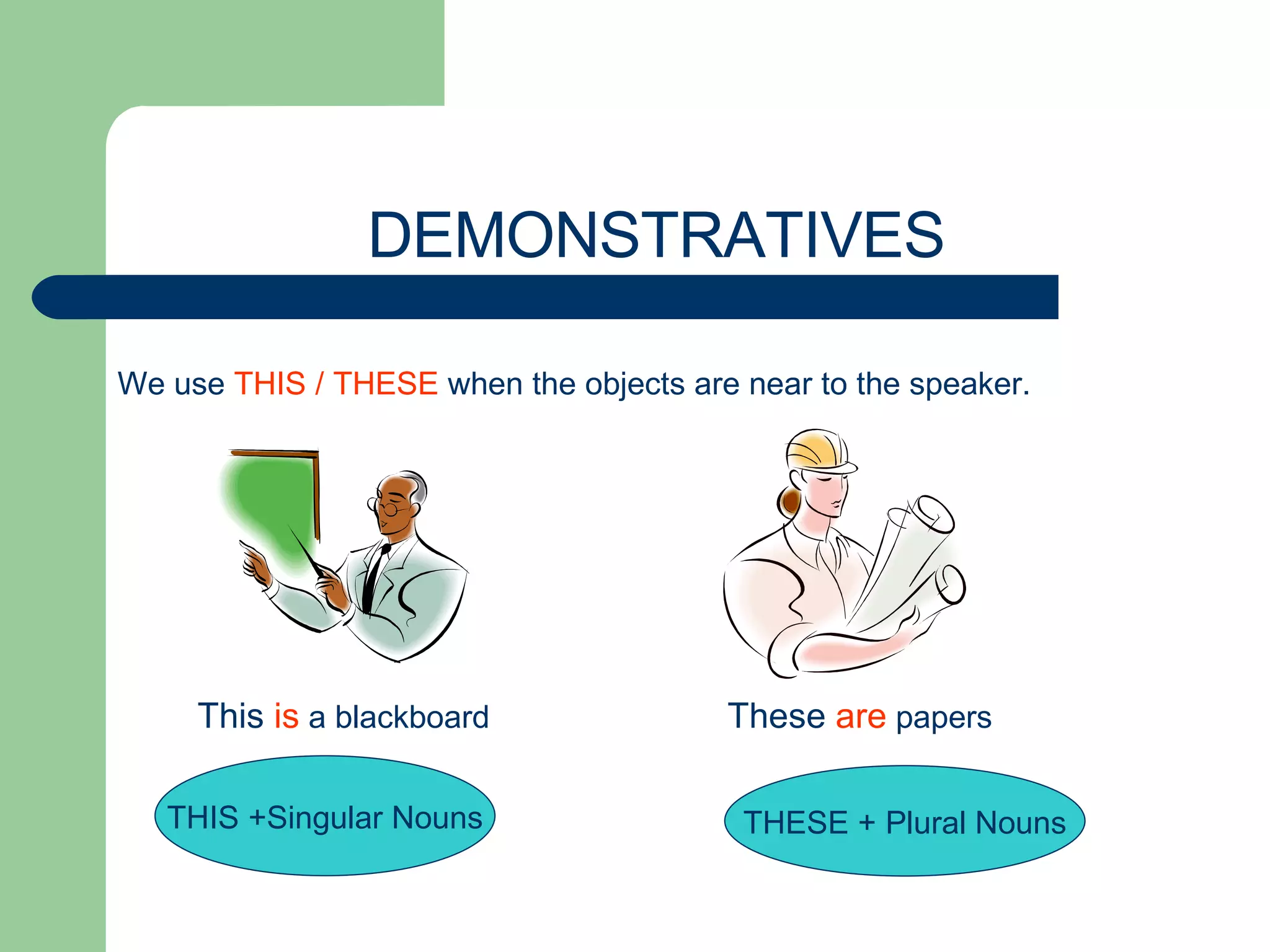DEMONSTRATIVES We use  THIS / THESE  when the objects are near to the speaker. This  is  a blackboard These  are   papers THIS +Singular Nouns THESE + Plural Nouns 