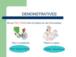 DEMONSTRATIVES We use  THIS / THESE  when the objects are near to the speaker. This  is  a blackboard These  are   papers ...