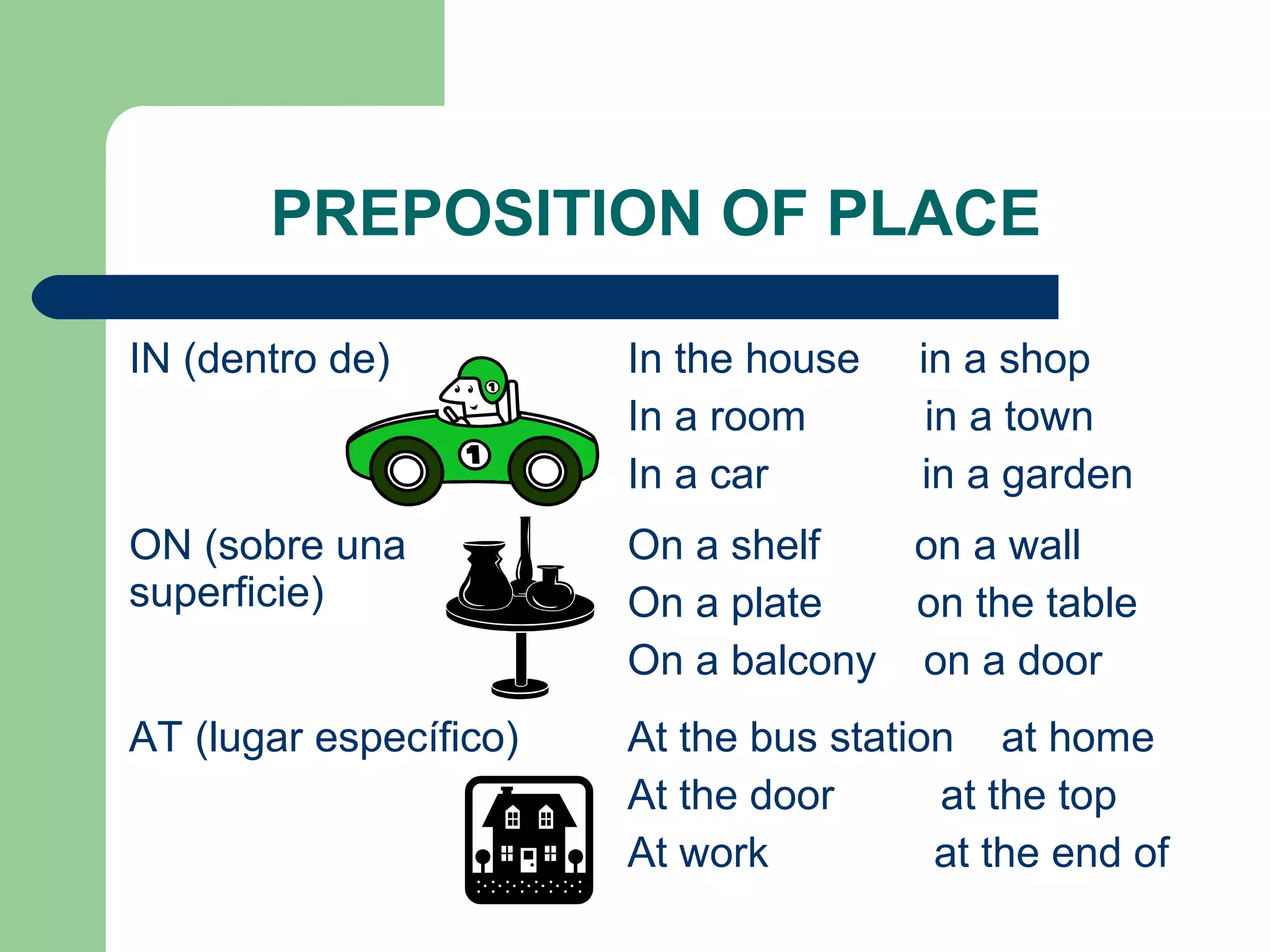 PREPOSITION OF PLACE

IN (dentro de)          In the house    in a shop
                        In a room        in a town
                        In a car        in a garden
ON (sobre una           On a shelf   on a wall
superficie)             On a plate   on the table
                        On a balcony on a door
AT (lugar específico)   At the bus station at home
                        At the door      at the top
                        At work          at the end of
 