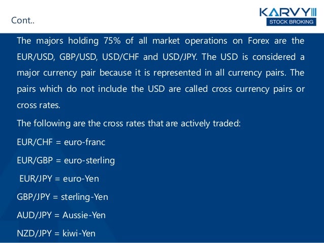 Cont..
The majors holding 75% of all market operations on Forex are the
EUR/USD, GBP/USD, USD/CHF and USD/JPY. The USD is considered a
major currency pair because it is represented in all currency pairs. The
pairs which do not include the USD are called cross currency pairs or
cross rates.
The following are the cross rates that are actively traded:
EUR/CHF = euro-franc
EUR/GBP = euro-sterling
EUR/JPY = euro-Yen
GBP/JPY = sterling-Yen
AUD/JPY = Aussie-Yen
NZD/JPY = kiwi-Yen
 