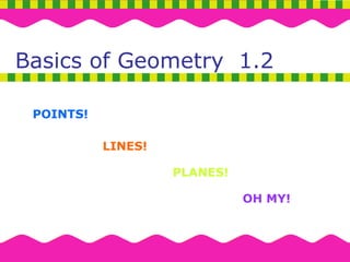 Basics of Geometry
Basics of Geometry 1.2
POINTS!
LINES!
PLANES!
OH MY!
 