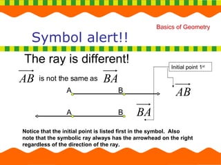 Symbol alert!! The ray is different! Notice that the initial point is listed first in the symbol.  Also note that the symbolic ray always has the arrowhead on the right regardless of the direction of the ray. is not the same as A B A B Initial point 1 st 