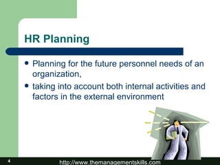 HR Planning Planning for the future personnel needs of an organization, taking into account both internal activities and factors in the external environment 