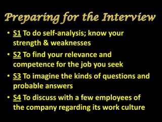 • S1 To do self-analysis; know your
  strength & weaknesses
• S2 To find your relevance and
  competence for the job you seek
• S3 To imagine the kinds of questions and
  probable answers
• S4 To discuss with a few employees of
  the company regarding its work culture
 