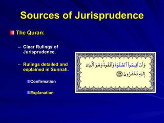 Sources of Jurisprudence The Quran: Clear Rulings of Jurisprudence. Rulings detailed and explained in Sunnah. Confirmation Explanation 