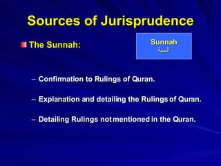 Sources of Jurisprudence The Sunnah: Confirmation to Rulings of Quran. Explanation and detailing the Rulings of Quran. Detailing Rulings not mentioned in the Quran. Sunnah السنة 