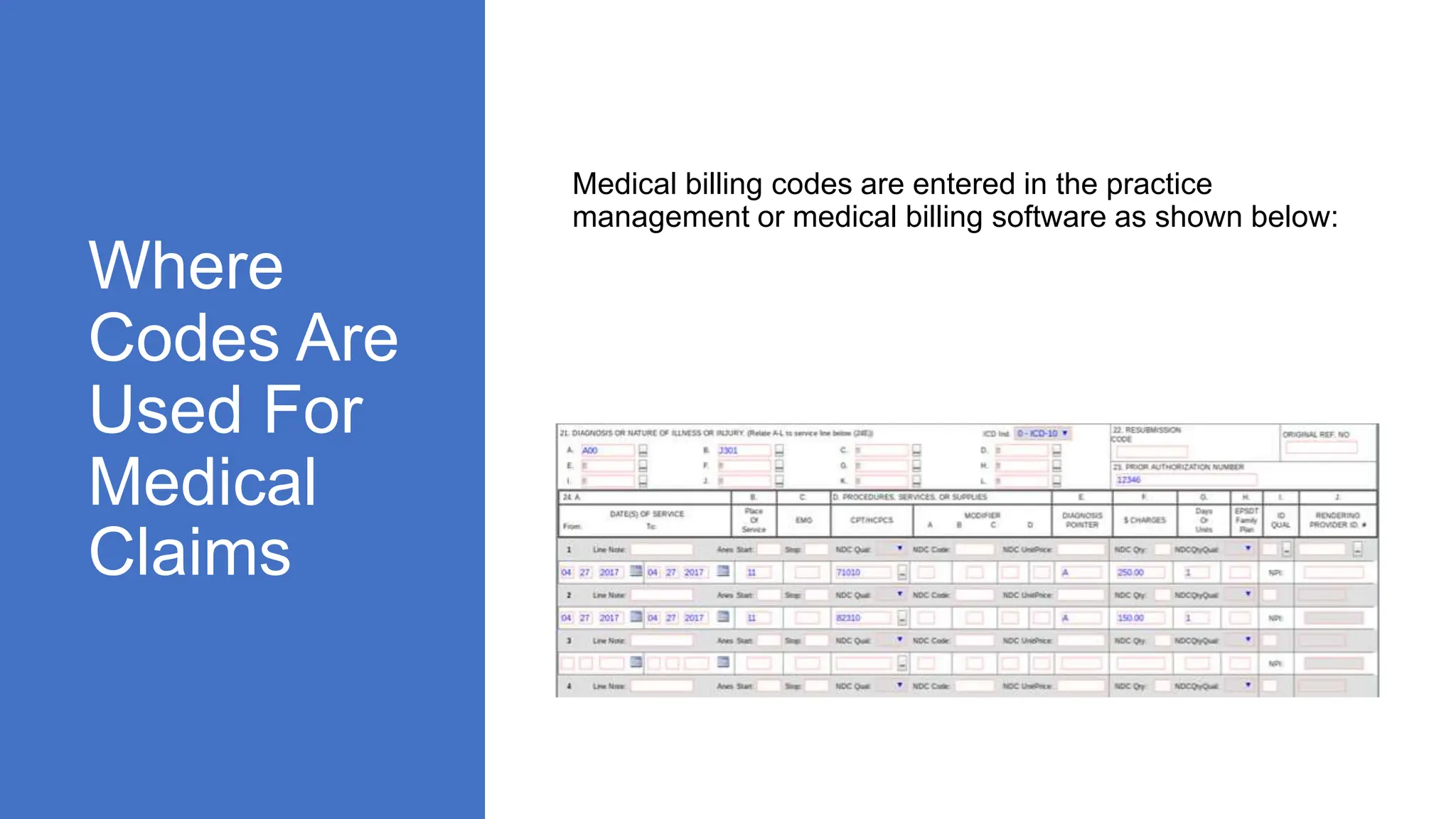 Where
Codes Are
Used For
Medical
Claims
Medical billing codes are entered in the practice
management or medical billing software as shown below:
 