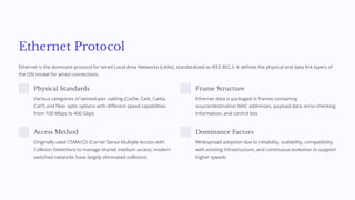 Ethernet Protocol
Ethernet is the dominant protocol for wired Local Area Networks (LANs), standardized as IEEE 802.3. It defines the physical and data link layers of
the OSI model for wired connections.
Physical Standards
Various categories of twisted-pair cabling (Cat5e, Cat6, Cat6a,
Cat7) and fiber optic options with different speed capabilities
from 100 Mbps to 400 Gbps
Frame Structure
Ethernet data is packaged in frames containing
source/destination MAC addresses, payload data, error-checking
information, and control bits
Access Method
Originally used CSMA/CD (Carrier Sense Multiple Access with
Collision Detection) to manage shared medium access; modern
switched networks have largely eliminated collisions
Dominance Factors
Widespread adoption due to reliability, scalability, compatibility
with existing infrastructure, and continuous evolution to support
higher speeds
 