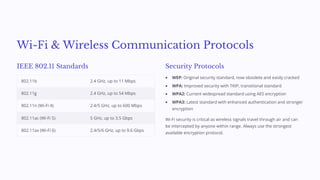 Wi-Fi & Wireless Communication Protocols
IEEE 802.11 Standards
802.11b 2.4 GHz, up to 11 Mbps
802.11g 2.4 GHz, up to 54 Mbps
802.11n (Wi-Fi 4) 2.4/5 GHz, up to 600 Mbps
802.11ac (Wi-Fi 5) 5 GHz, up to 3.5 Gbps
802.11ax (Wi-Fi 6) 2.4/5/6 GHz, up to 9.6 Gbps
Security Protocols
WEP: Original security standard, now obsolete and easily cracked
WPA: Improved security with TKIP, transitional standard
WPA2: Current widespread standard using AES encryption
WPA3: Latest standard with enhanced authentication and stronger
encryption
Wi-Fi security is critical as wireless signals travel through air and can
be intercepted by anyone within range. Always use the strongest
available encryption protocol.
 
