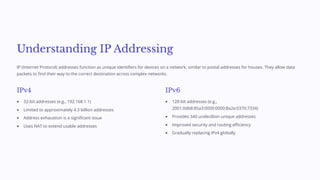 Understanding IP Addressing
IP (Internet Protocol) addresses function as unique identifiers for devices on a network, similar to postal addresses for houses. They allow data
packets to find their way to the correct destination across complex networks.
IPv4
32-bit addresses (e.g., 192.168.1.1)
Limited to approximately 4.3 billion addresses
Address exhaustion is a significant issue
Uses NAT to extend usable addresses
IPv6
128-bit addresses (e.g.,
2001:0db8:85a3:0000:0000:8a2e:0370:7334)
Provides 340 undecillion unique addresses
Improved security and routing efficiency
Gradually replacing IPv4 globally
 