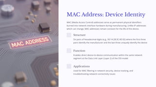 MAC Address: Device Identity
MAC (Media Access Control) addresses serve as permanent physical identifiers
burned into network interface hardware during manufacturing. Unlike IP addresses
which can change, MAC addresses remain constant for the life of the device.
Structure
Six pairs of hexadecimal digits (e.g., 00:1A:2B:3C:4D:5E) where the first three
pairs identify the manufacturer and the last three uniquely identify the device
Function
Enables direct device-to-device communication within the same network
segment at the Data Link Layer (Layer 2) of the OSI model
Applications
Used for MAC filtering in network security, device tracking, and
troubleshooting network connectivity issues
 