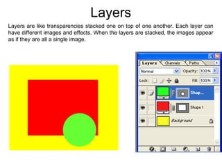 Layers Layers are like transparencies stacked one on top of one another. Each layer can have different images and effects. When the layers are stacked, the images appear as if they are all a single image. 