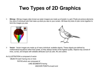 Two Types of 2D Graphics Bitmap :  Bitmap images (also known as raster images) are made up of pixels in a grid. Pixels are picture elements; tiny dots of individual color that make up what you see on your screen. All these tiny dots of color come together to form the images you see. Vector  : Vector images are made up of many individual, scalable objects. These objects are defined by mathematical equations rather than pixels, so they always render at the highest quality. Objects may consist of lines, curves, and shapes with editable attributes such as color, fill, and outline. An ILLUSTRATION is composed of vector    OBJECTS each having one or more       PATHS which are composed of        LINE SEGMENTS having           ANCHOR POINTS at each end 