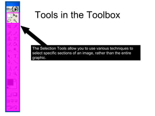 Tools in the Toolbox The Selection Tools allow you to use various techniques to select specific sections of an image, rather than the entire graphic. 