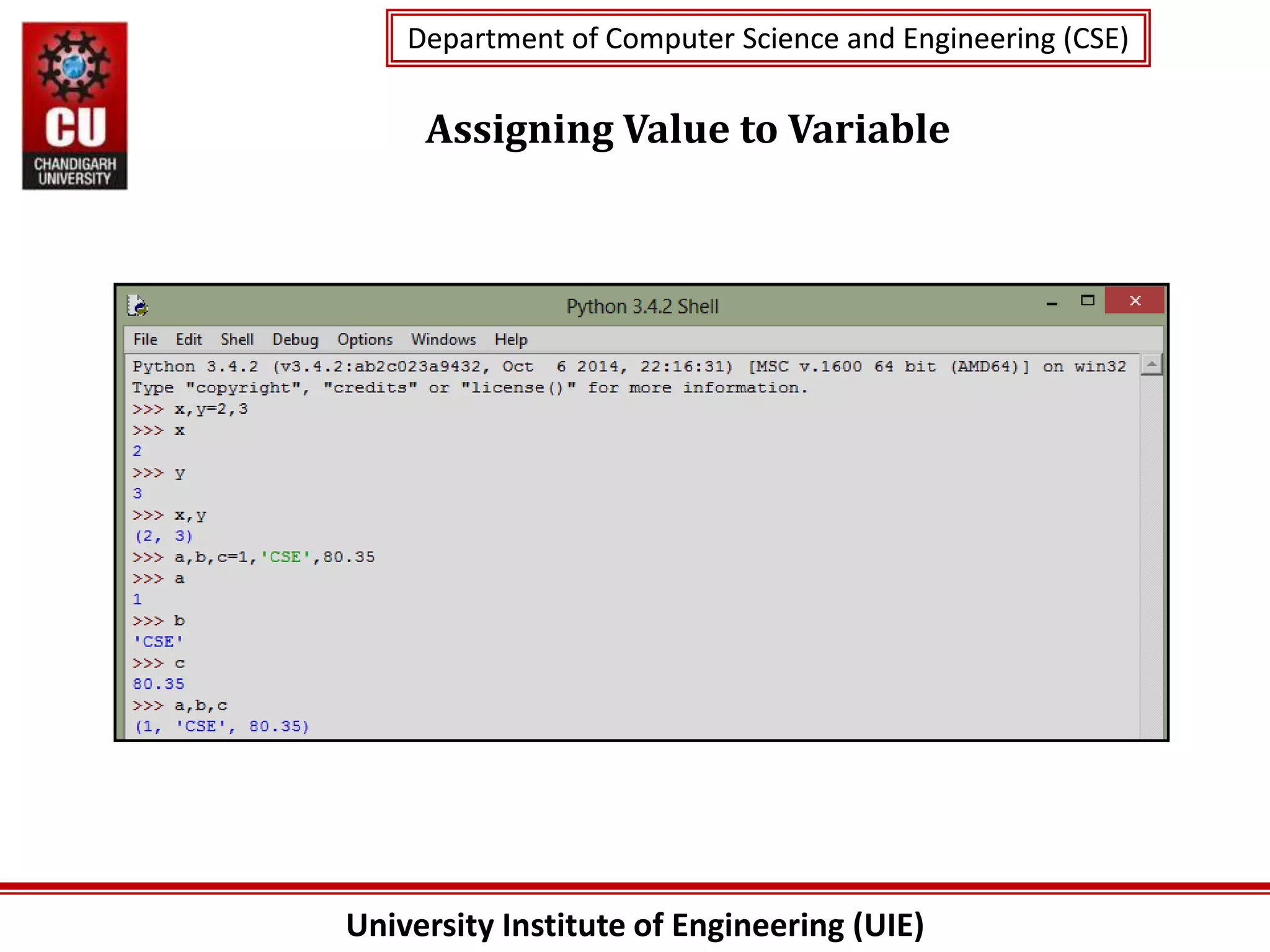 University Institute of Engineering (UIE)
Department of Computer Science and Engineering (CSE)
Department of Computer Science and Engineering (CSE)
Assigning Value to Variable
 