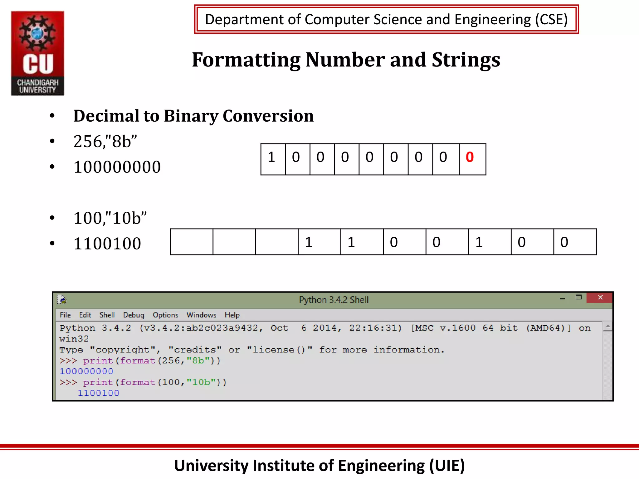 University Institute of Engineering (UIE)
Department of Computer Science and Engineering (CSE)
Department of Computer Science and Engineering (CSE)
Formatting Number and Strings
• Decimal to Binary Conversion
• 256,"8b”
• 100000000
• 100,"10b”
• 1100100
1 0 0 0 0 0 0 0 0
1 1 0 0 1 0 0
 