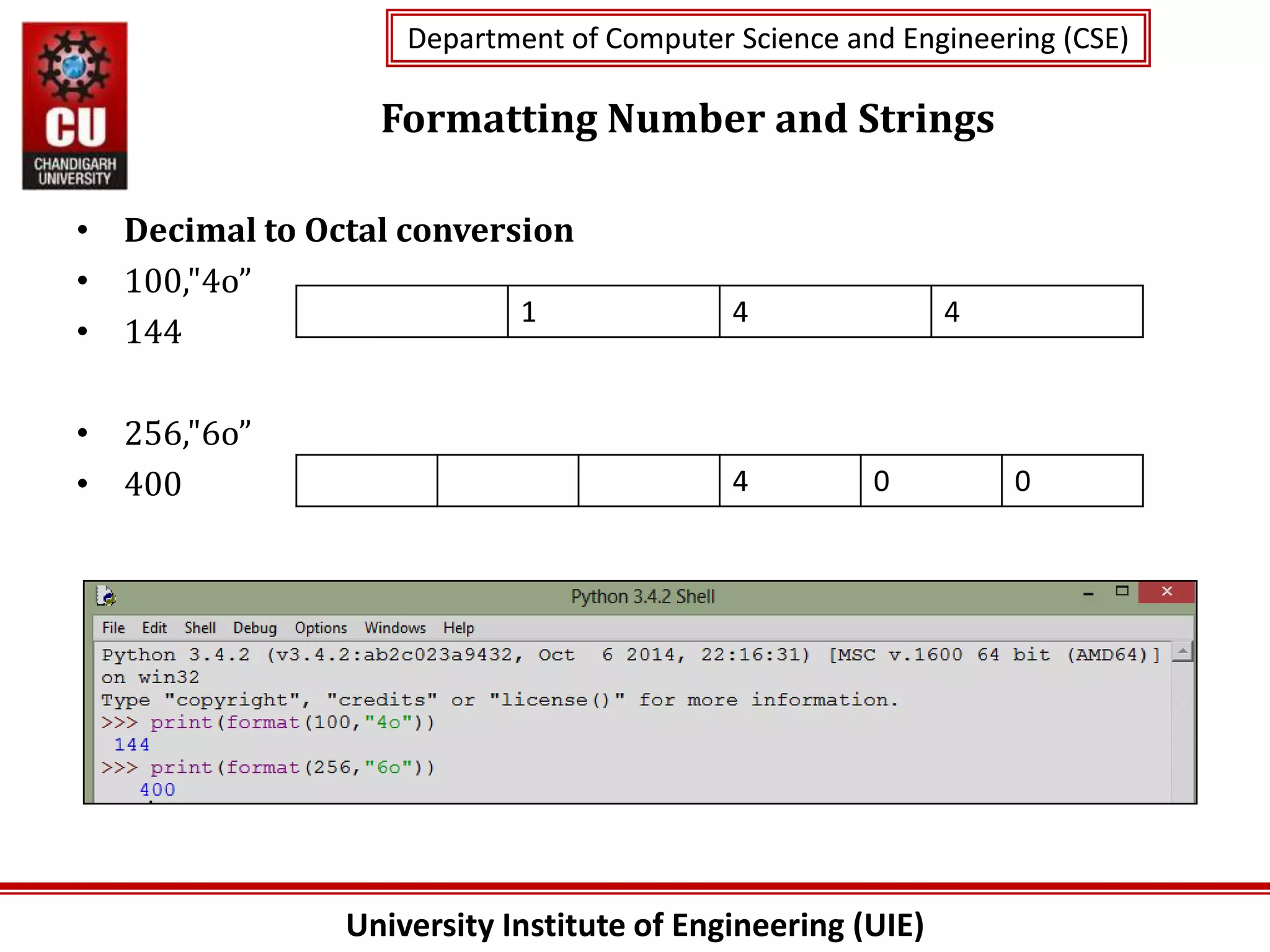 University Institute of Engineering (UIE)
Department of Computer Science and Engineering (CSE)
Department of Computer Science and Engineering (CSE)
Formatting Number and Strings
• Decimal to Octal conversion
• 100,"4o”
• 144
• 256,"6o”
• 400
1 4 4
4 0 0
 