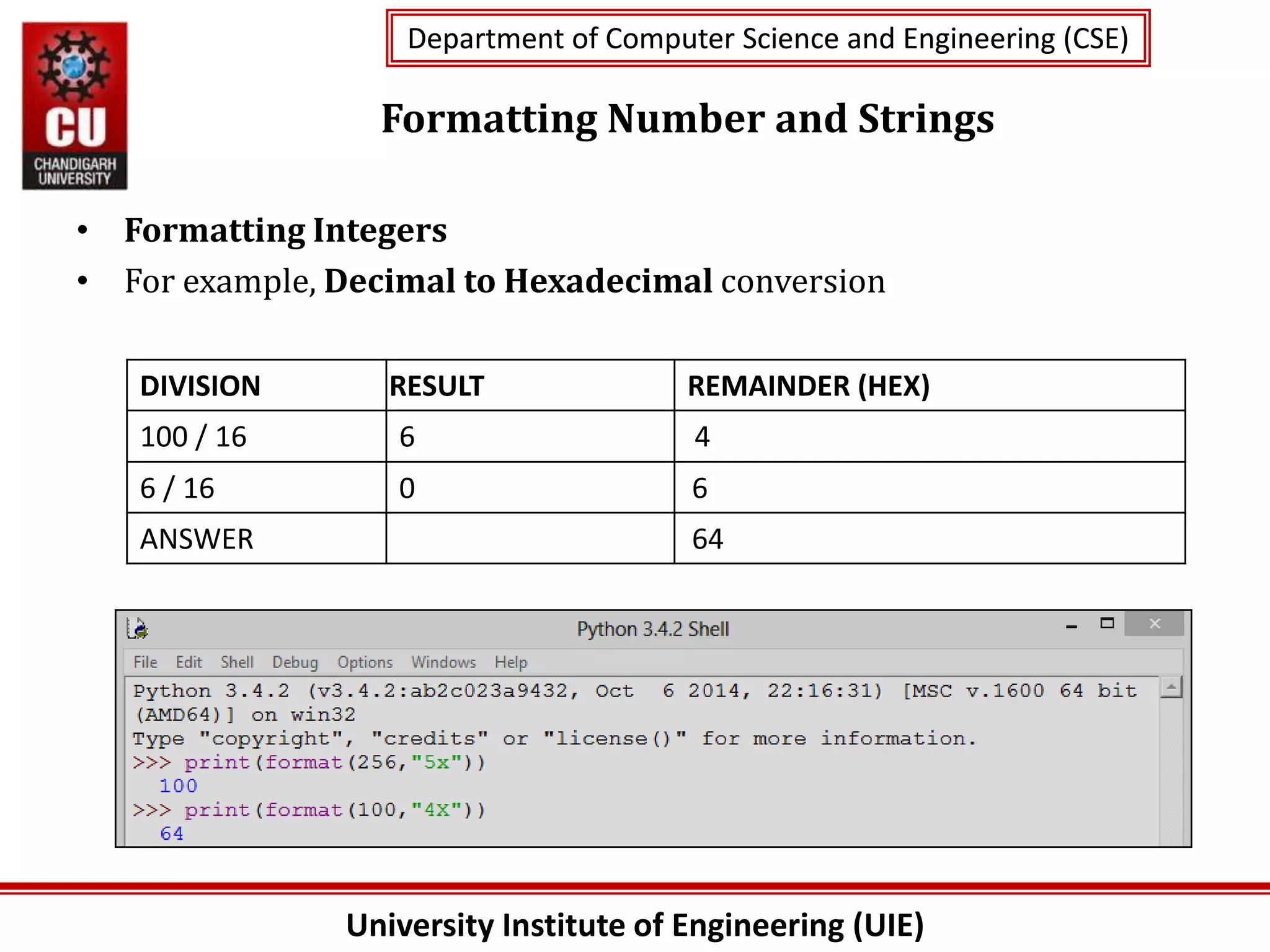 University Institute of Engineering (UIE)
Department of Computer Science and Engineering (CSE)
Department of Computer Science and Engineering (CSE)
Formatting Number and Strings
• Formatting Integers
• For example, Decimal to Hexadecimal conversion
DIVISION RESULT REMAINDER (HEX)
100 / 16 6 4
6 / 16 0 6
ANSWER 64
 