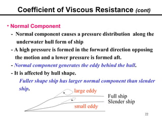 Coefficient of Viscous Resistance (cont)

• Normal Component
  - Normal component causes a pressure distribution along the
     underwater hull form of ship
  - A high pressure is formed in the forward direction opposing
    the motion and a lower pressure is formed aft.
  - Normal component generates the eddy behind the hull.
  - It is affected by hull shape.
       Fuller shape ship has larger normal component than slender
       ship.                    large eddy
                                             Full ship
                                             Slender ship
                                small eddy
                                                            22
 