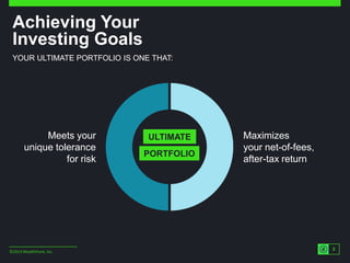 ©2013 Wealthfront, Inc. 
2 
Achieving Your 
Investing Goals 
YOUR ULTIMATE PORTFOLIO IS ONE THAT: 
Meets your 
unique tole...