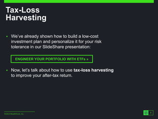 Tax-Loss 
Harvesting 
ENGINEER YOUR PORTFOLIO WITH ETFs » 
©2013 Wealthfront, Inc. 
3 
 We’ve already shown how to build ...