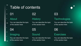 Table of contents
You can describe the topic
of the section here
You can describe the topic
of the section here
You can describe the topic
of the section here
You can describe the topic
of the section here
You can describe the topic
of the section here
You can describe the topic
of the section here
01
04
02
05
03
06
About History Technologies
Imaging Sound Exercises
 