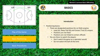 Play of the Game
Basic Positioning
Basic Procedures
Introduction
• Positioning basics:
• There are designated positions for on field umpires
• Lead (A), Deep Trail (B) and Center/ Trail (C) umpire
• Positions are not fixed
• Positions are not linked to certain officials
• You are there to watch the players
• Don’t watch the game as a spectator would
• Do not watch the ball all the time
Women's Lacrosse Basic Officiating
BASICS
B/A
C
A/B
 