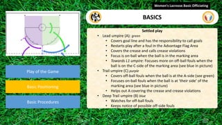 Play of the Game
Basic Positioning
Basic Procedures
Settled play
• Lead umpire (A): green
• Covers goal line and has the responsibility to call goals
• Restarts play after a foul in the Advantage Flag Area
• Covers the crease and calls crease violations
• Focus is on-ball when the ball is in the marking area
• Towards L1 umpire: Focuses more on off-ball fouls when the
ball is on the C-side of the marking area (see blue in picture)
• Trail umpire (C) purple
• Covers off-ball fouls when the ball is at the A-side (see green)
• Focuses on-ball fouls when the ball is at ‘their side’ of the
marking area (see blue in picture)
• Helps out A covering the crease and crease violations
• Deep Trail umpire (B) blue
• Watches for off-ball fouls
• Keeps notice of possible off-side fouls
Women's Lacrosse Basic Officiating
BASICS
 