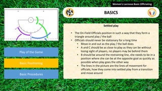 Play of the Game
Basic Positioning
Basic Procedures
Settled play
• The On-Field Officials position in such a way that they form a
triangle around play / the ball
• Officials should never be stationary for a long time
• Move in and out as the play / the ball does
• A and C should be as close to play as they can be without
losing sight of players, no players may be behind them
• B should be around the restraining line, she needs to be in a
position where she can be at the opposite goal as quickly as
possible when play goes the other way
• The lines in the picture are the lines of movement for
officials, how they come into settled play from a transition
and move around
Women's Lacrosse Basic Officiating
BASICS
 