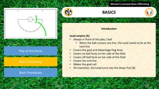 Play of the Game
Basic Positioning
Basic Procedures
Introduction
Lead umpire (A)
• Always in front of the play / ball
• When the ball crosses one line, the Lead needs to be at the
next line
• Covers the goal and Advantage Flag Area
• Covers on-ball fouls on her side of the field
• Covers off-ball fouls on her side of the field
• Covers the end line
• Makes the goal call
• On transition, the Lead turns into the Deep Trail (B)
Women's Lacrosse Basic Officiating
BASICS
 