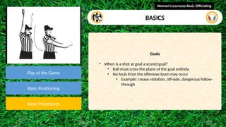 video
Play of the Game
Basic Positioning
Basic Procedures
Goals
• When is a shot at goal a scored goal?
• Ball must cross the plane of the goal entirely
• No fouls from the offensive team may occur
• Example: crease violation, off-side, dangerous follow-
through
Women's Lacrosse Basic Officiating
BASICS
 