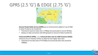 ©3G4G
GPRS (2.5 ‘G’) & EDGE (2.75 ‘G’)
General Packet Radio Service (GPRS) was an enhancement added on top of GSM
to allow PS data to be transferred
• Theoretical maximum data rate is 170Kbps but practically its around 40 Kbps
• Always-on data connection with billing based on amount of data transferred
Enhanced-GPRS (E-GPRS) , a.k.a Enhanced Data rates for GSM Evolution (EDGE)
enhances the air interface further to allow for even higher data rates
• Theoretical max data rates of 473.6Kbps but practically data rates would be
100Kbps.
 