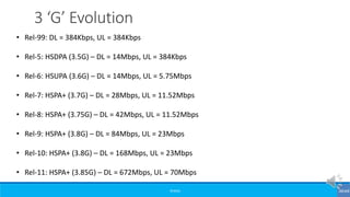 ©3G4G
• Rel-99: DL = 384Kbps, UL = 384Kbps
• Rel-5: HSDPA (3.5G) – DL = 14Mbps, UL = 384Kbps
• Rel-6: HSUPA (3.6G) – DL = 14Mbps, UL = 5.75Mbps
• Rel-7: HSPA+ (3.7G) – DL = 28Mbps, UL = 11.52Mbps
• Rel-8: HSPA+ (3.75G) – DL = 42Mbps, UL = 11.52Mbps
• Rel-9: HSPA+ (3.8G) – DL = 84Mbps, UL = 23Mbps
• Rel-10: HSPA+ (3.8G) – DL = 168Mbps, UL = 23Mbps
• Rel-11: HSPA+ (3.85G) – DL = 672Mbps, UL = 70Mbps
3 ‘G’ Evolution
 
