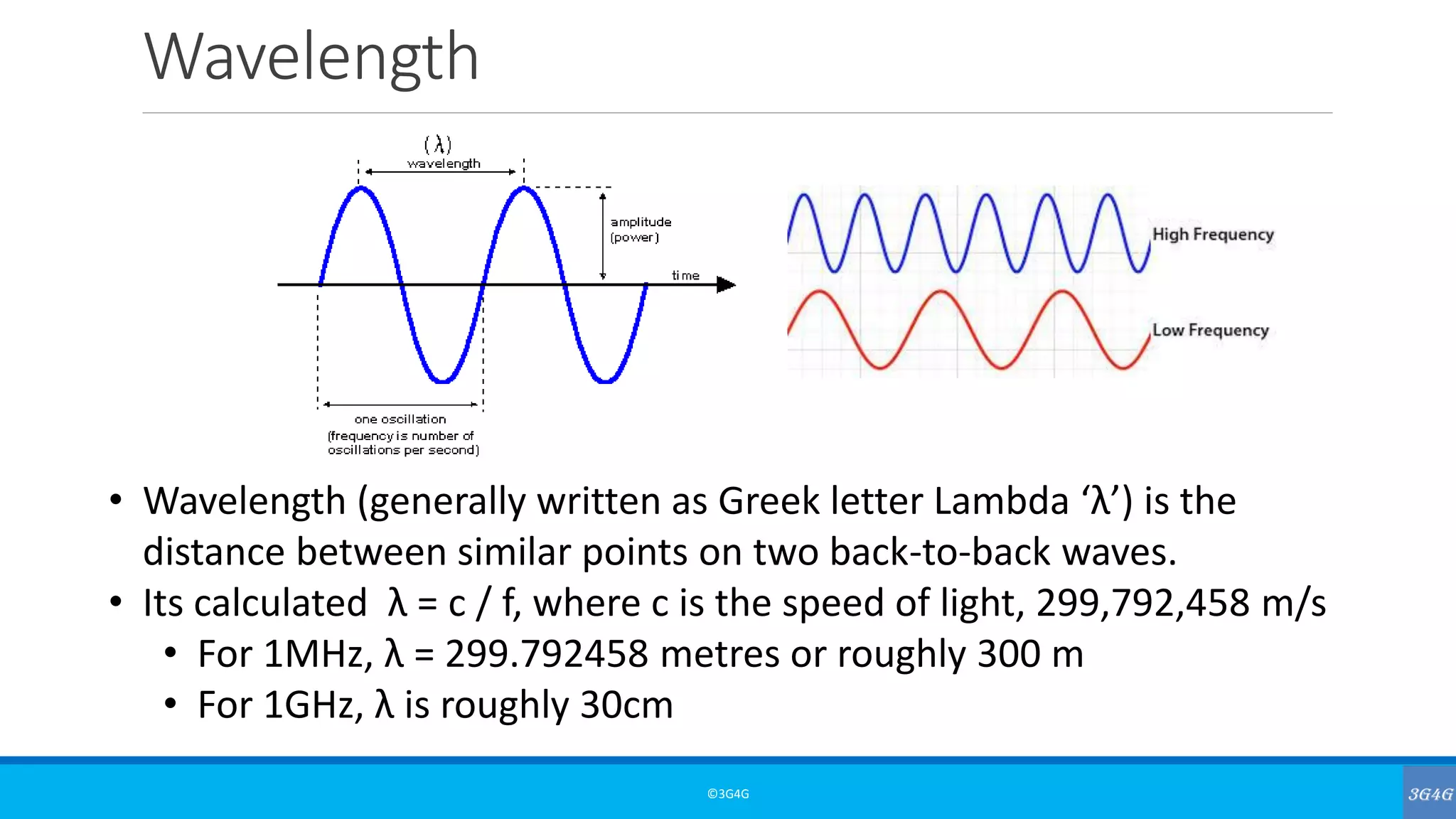 Wavelength
©3G4G
• Wavelength (generally written as Greek letter Lambda ‘λ’) is the
distance between similar points on two back-to-back waves.
• Its calculated λ = c / f, where c is the speed of light, 299,792,458 m/s
• For 1MHz, λ = 299.792458 metres or roughly 300 m
• For 1GHz, λ is roughly 30cm
 