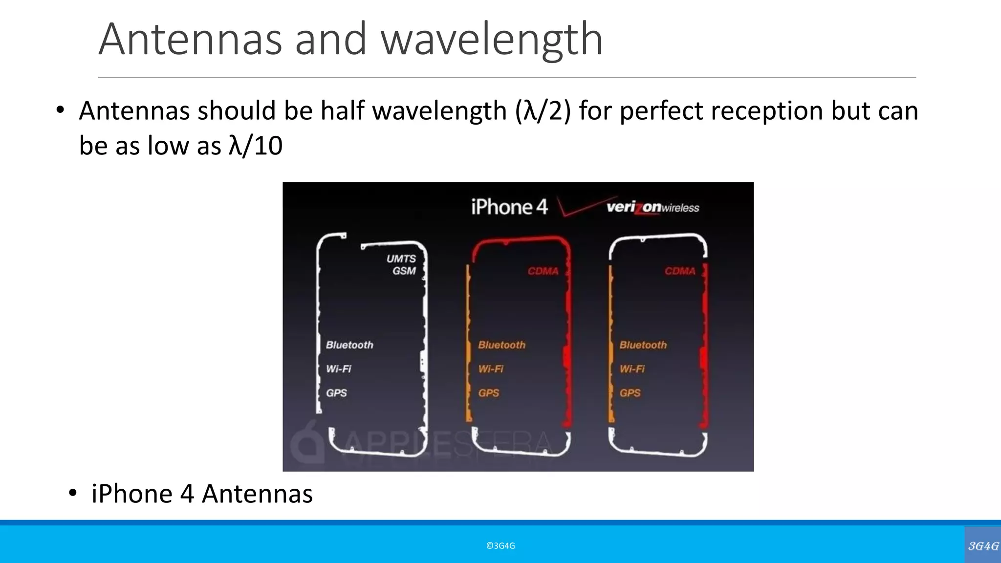 Antennas and wavelength
©3G4G
• Antennas should be half wavelength (λ/2) for perfect reception but can
be as low as λ/10
• iPhone 4 Antennas
 
