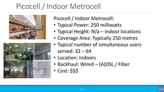 Picocell / Indoor Metrocell
©3G4G
Picocell / Indoor Metrocell:
• Typical Power: 250 milliwatts
• Typical Height: N/a – Indoor locations
• Coverage Area: Typically 250 metres
• Typical number of simultaneous users
served: 32 – 64
• Location: Indoors
• Backhaul: Wired – (A)DSL / Fiber
• Cost: $$$
 