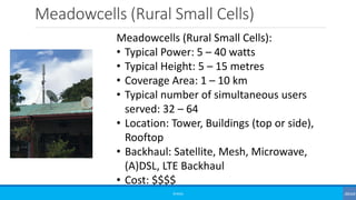 Meadowcells (Rural Small Cells)
©3G4G
Meadowcells (Rural Small Cells):
• Typical Power: 5 – 40 watts
• Typical Height: 5 – 15 metres
• Coverage Area: 1 – 10 km
• Typical number of simultaneous users
served: 32 – 64
• Location: Tower, Buildings (top or side),
Rooftop
• Backhaul: Satellite, Mesh, Microwave,
(A)DSL, LTE Backhaul
• Cost: $$$$
 