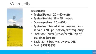 Macrocells
©3G4G
Macrocell:
• Typical Power: 20 – 40 watts
• Typical Height: 15 – 25 metres
• Coverage Area: 25 – 40 km
• Typical number of simultaneous users
served: >200 per sector/per frequency
• Location: Tower (urban/rural), Top of
buildings (urban)
• Backhaul: Fiber, Microwave, DSL
• Cost: $$$$$$$$$
 