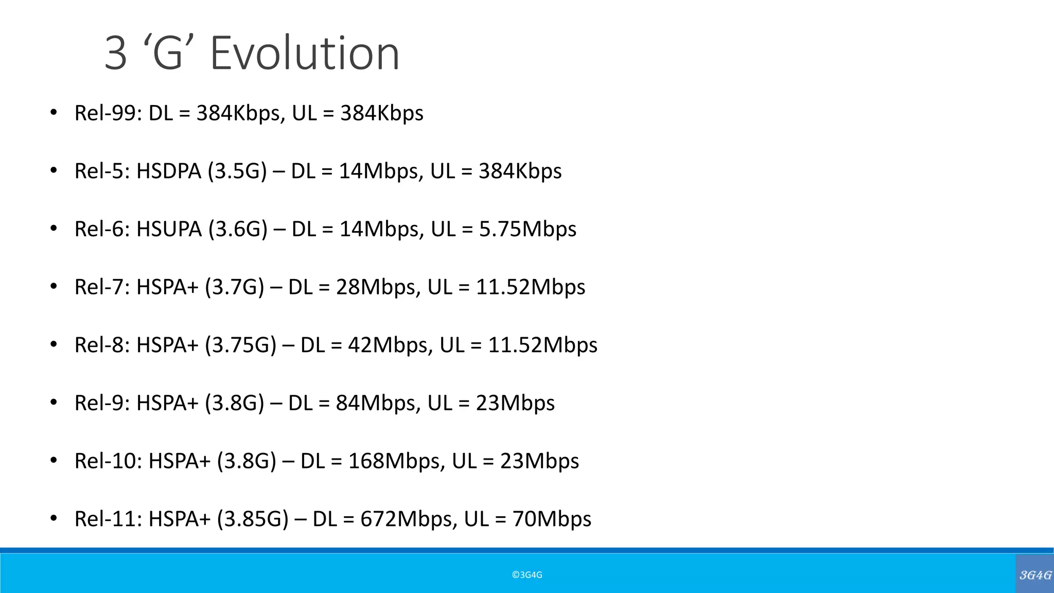 ©3G4G
• Rel-99: DL = 384Kbps, UL = 384Kbps
• Rel-5: HSDPA (3.5G) – DL = 14Mbps, UL = 384Kbps
• Rel-6: HSUPA (3.6G) – DL = 14Mbps, UL = 5.75Mbps
• Rel-7: HSPA+ (3.7G) – DL = 28Mbps, UL = 11.52Mbps
• Rel-8: HSPA+ (3.75G) – DL = 42Mbps, UL = 11.52Mbps
• Rel-9: HSPA+ (3.8G) – DL = 84Mbps, UL = 23Mbps
• Rel-10: HSPA+ (3.8G) – DL = 168Mbps, UL = 23Mbps
• Rel-11: HSPA+ (3.85G) – DL = 672Mbps, UL = 70Mbps
3 ‘G’ Evolution
 