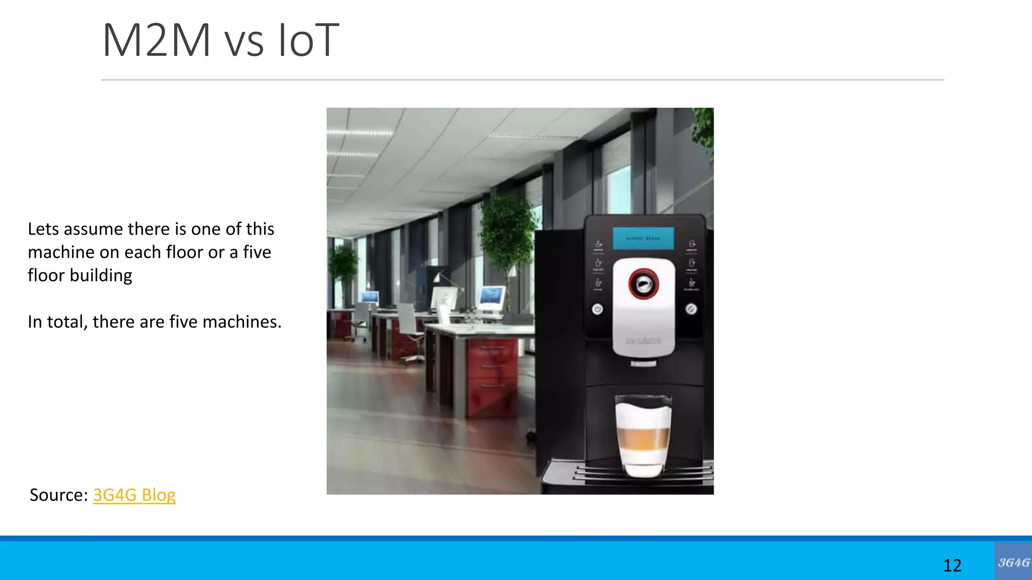 M2M vs IoT
12
Source: 3G4G Blog
Lets assume there is one of this
machine on each floor or a five
floor building
In total, there are five machines.
 
