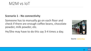 M2M vs IoT
Scenario 1 - No connectivity
Someone has to manually go on each floor and
check if there are enough coffee beans, chocolate
powder, milk powder, etc.
He/She may have to do this say 3-4 times a day.
13
Source: 3G4G Blog
 